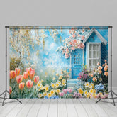 Lofaris Tulip Oil Painting Blue House Floral Spring Backdrop
